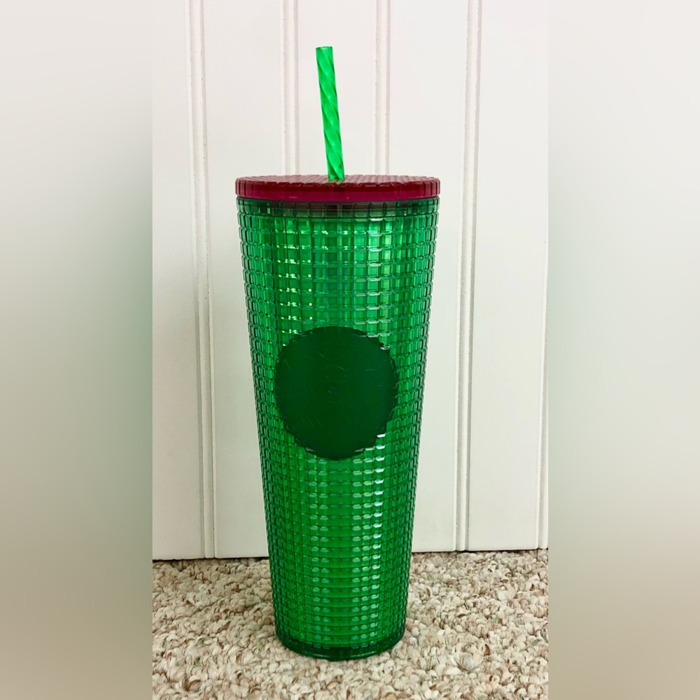 Starbucks Festive Green Cold Cup Tumbler with Raspberry Colored Lid